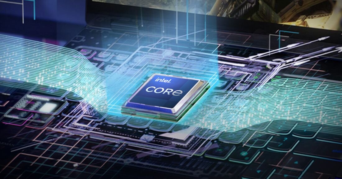 Obraz przedstawia procesor z widocznym napisem \'intel CORE\' na powierzchni. Procesor jest otoczony schematycznymi liniami i wzorami, sugerującymi przepływ danych.