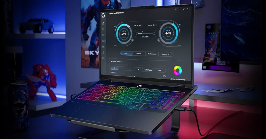  Laptop Lenovo Legion na różowym podkładzie z czarnym kablem zasilania po prawej, ekran z panelem sterowania Legion Space ciemnoszary z dwoma okrągłymi wskaźnikami turkusowymi CPU 66% i GPU 44%, menu trybów wydajności Quiet Balance Performance Custom, profile oświetlenia RGB z numerami 1-4 i kolorowym kółkiem RGB, klawiatura RGB wielokolorowa fioletowa różowa żółta zielona niebieska, figurka czerwona Iron Man po lewej, setup gamingowy w niebieskim pokoju - Platforma Legion Space 