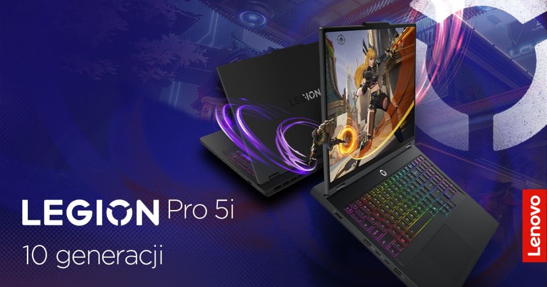  Dwa laptopy Lenovo Legion Pro 5i czarne na fioletowym tle z technologicznymi wzorami cyfrowymi, jeden zamknięty z tyłu z logo Legion białym, drugi otwarty z klawiaturą RGB pełnokolorową zieloną żółtą różową niebieską, ekran z postacią wojownika w złotej zbroi z magiczną tarczą świecącą pomarańczowo, napis Legion Pro 5i 10 generacji i logo Lenovo czerwone po prawej.  