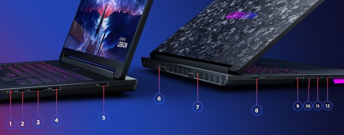 Porty i złącza laptopów Lenovo Legion z oznaczeniem HDMI USB-C Thunderbolt i Audio Jack - HDMI 2.1 Thunderbolt 5 