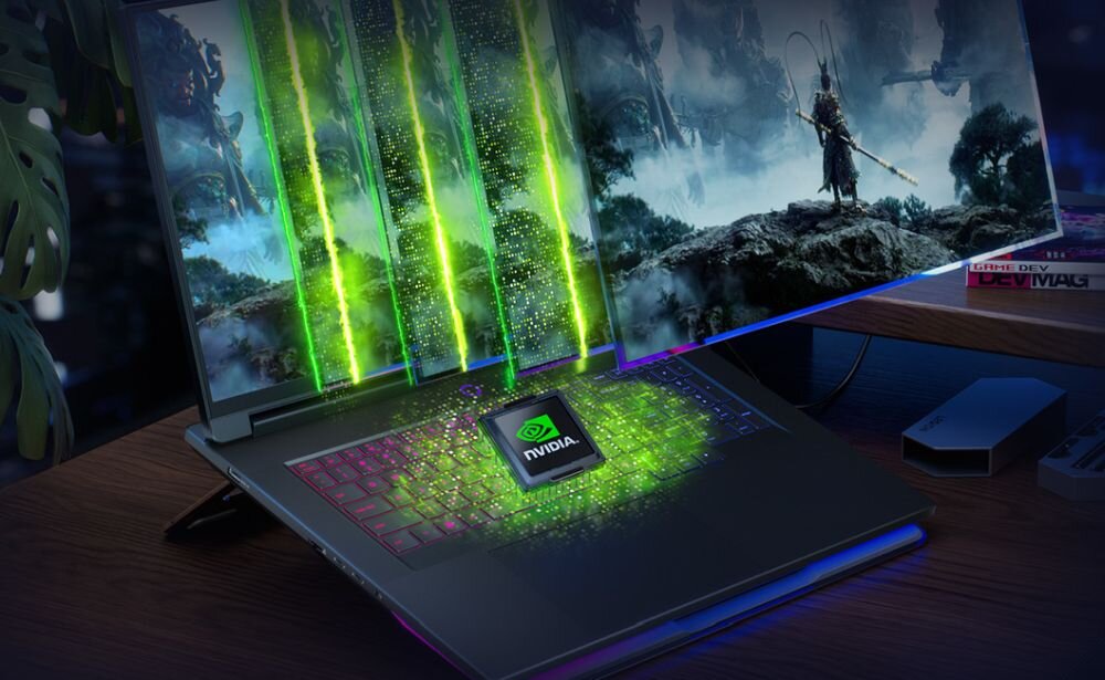 Laptop gamingowy Lenovo Legion z kartą graficzną NVIDIA GeForce RTX i zielonym podświetleniem RGB. - GeForce RTX, NVIDIA Blackwell, DLSS 4 