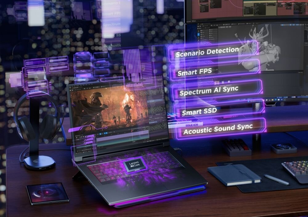Laptop gamingowy Lenovo Legion z technologią AI Engine i funkcjami optymalizacji gier na biurku ze słuchawkami. -  LENOVO AI Engine+, Scenario Detection, Smart FPS  
