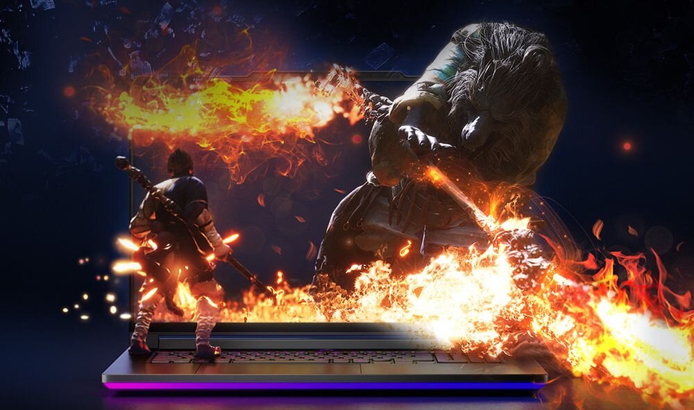 Laptop Lenovo Legion z grafiką 3D gry akcji i efektami płomieni wyskakującymi z ekranu. - Smart Shift AI, NVIDIA G-SYNC 