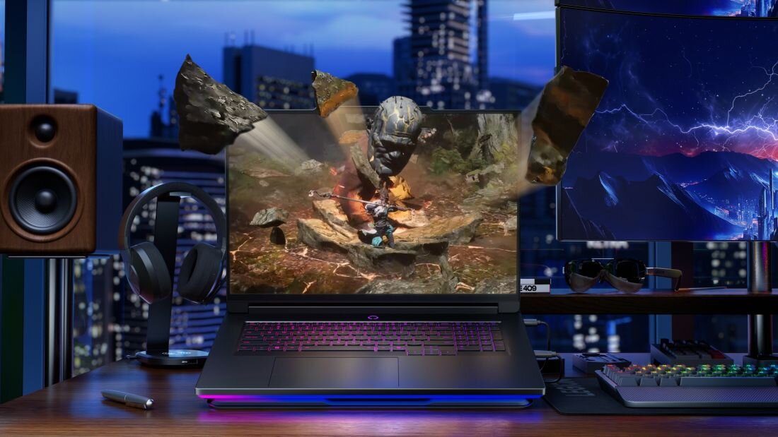 Laptop gamingowy Lenovo Legion z grafika 3D gry RPG na ekranie w studiu z monitorami i akcesoriami - LENOVO 3D Studio 