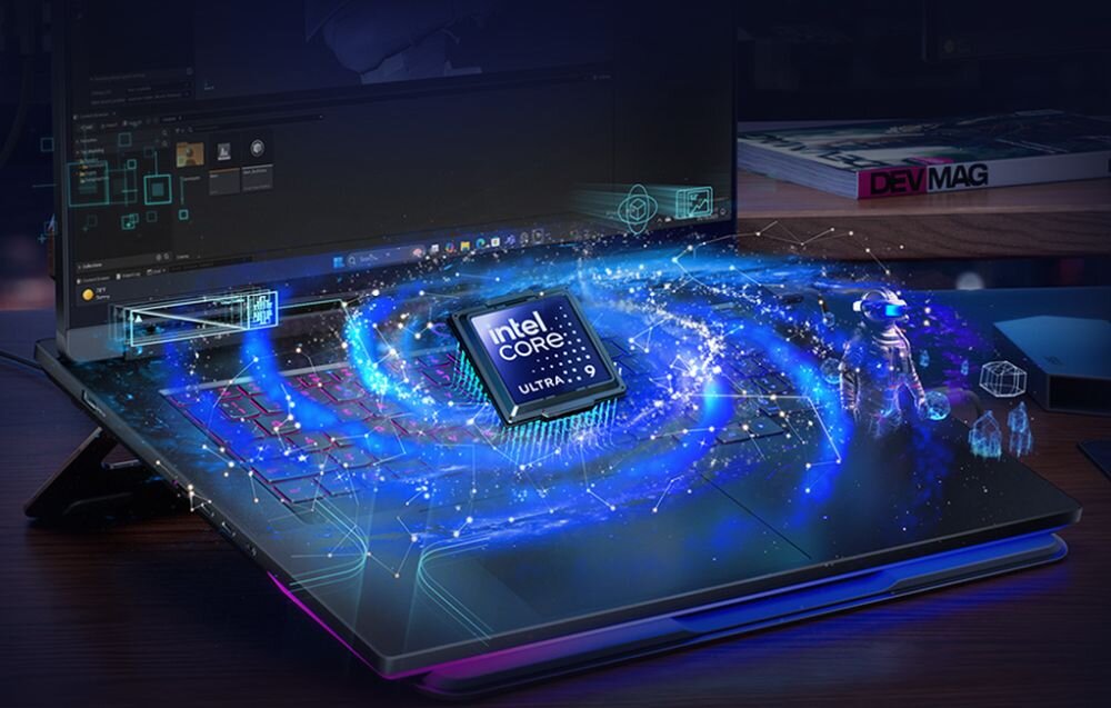 Wizualizacja procesora Intel Core Ultra z niebieską grafiką sieciową w laptopie gamingowym Lenovo Legion. - Intel Core, Dysk SSD NVMe, Pamięć DDR5  