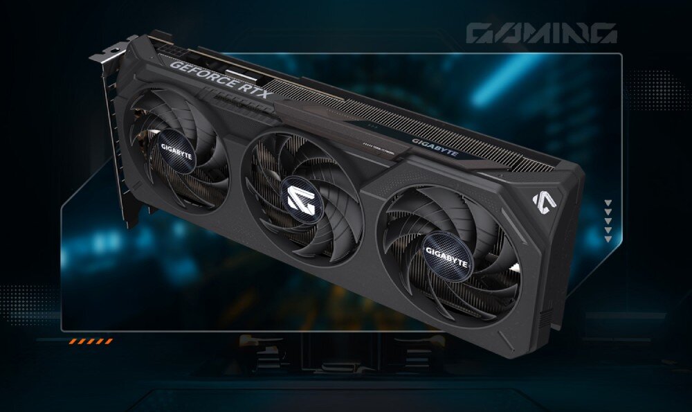 Karta graficzna GIGABYTE GeForce RTX 5050 Gaming OC 8GB Karta graficzna na ciemnym tle z cyfrowymi elementami graficznymi, widok na trzy wentylatory i górną krawędź obudowy