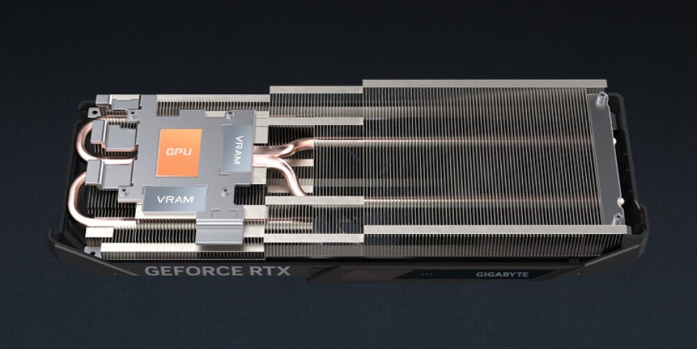 Karta graficzna GIGABYTE GeForce RTX 5050 Gaming OC 8GB Odwrócony system chłodzenia ukazujący miedzianą podstawę stykającą się z rurkami cieplnymi biegnącymi przez aluminiowy radiator