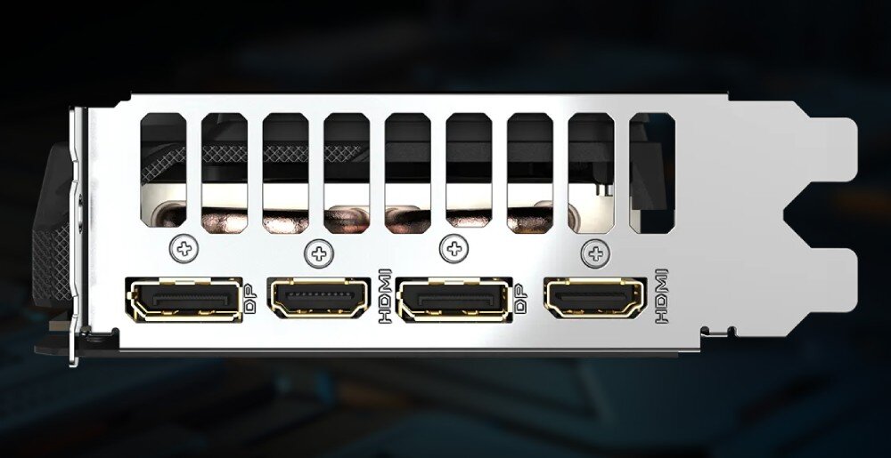 Karta graficzna GIGABYTE GeForce RTX 5050 Gaming OC 8GB Metalowy wspornik montażowy karty z wyciętymi otworami wentylacyjnymi, widoczne dwa porty HDMI oraz dwa złącza DisplayPort