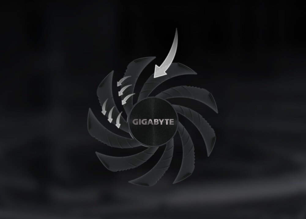 Karta graficzna GIGABYTE GeForce RTX 5050 WINDFORCE OC 8GB Zbliżenie na pojedynczy wentylator o specyficznym kształcie łopatek z naniesionymi strzałkami obrazującymi przepływ powietrza