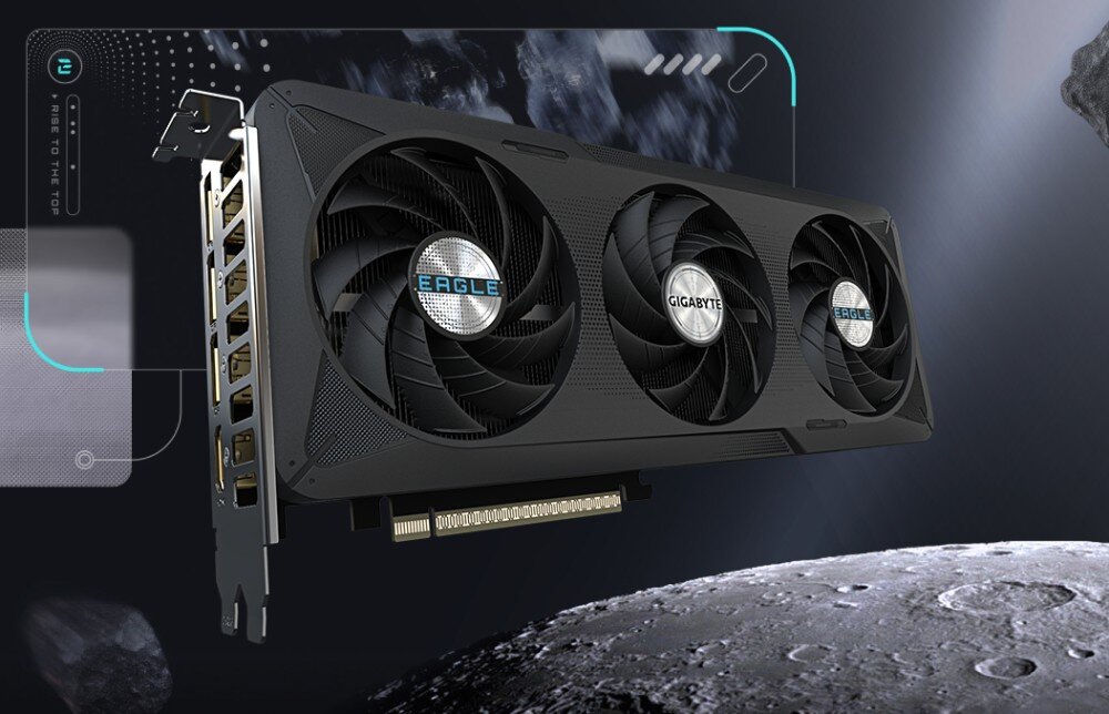 Karta graficzna GIGABYTE GeForce RTX 5060 Ti Eagle Max OC 8GB Karta graficzna przedstawiona w scenerii kosmicznej na tle mgławic i asteroid, widoczna od strony wentylatorów