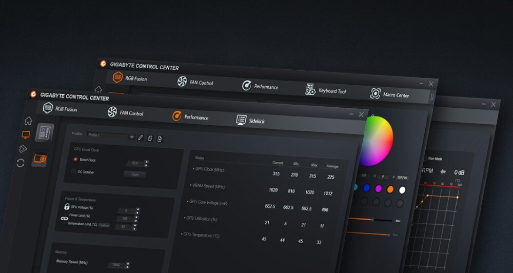 Karta graficzna GIGABYTE GeForce RTX 5050 Low Profile OC 8GB Grafika prezentująca okna programu do konfiguracji parametrów pracy urządzenia z widocznymi wykresami i suwakami