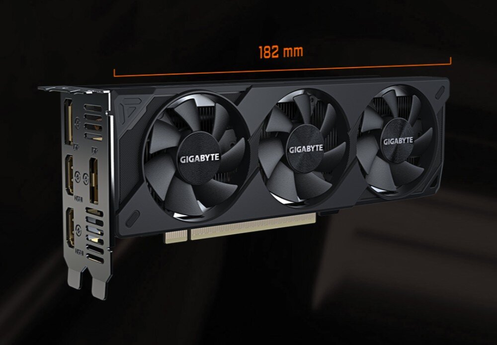Karta graficzna GIGABYTE GeForce RTX 5050 Low Profile OC 8GB Czarna karta graficzna z nałożoną pomarańczową linią i napisem '182 mm' oznaczającym jej długość