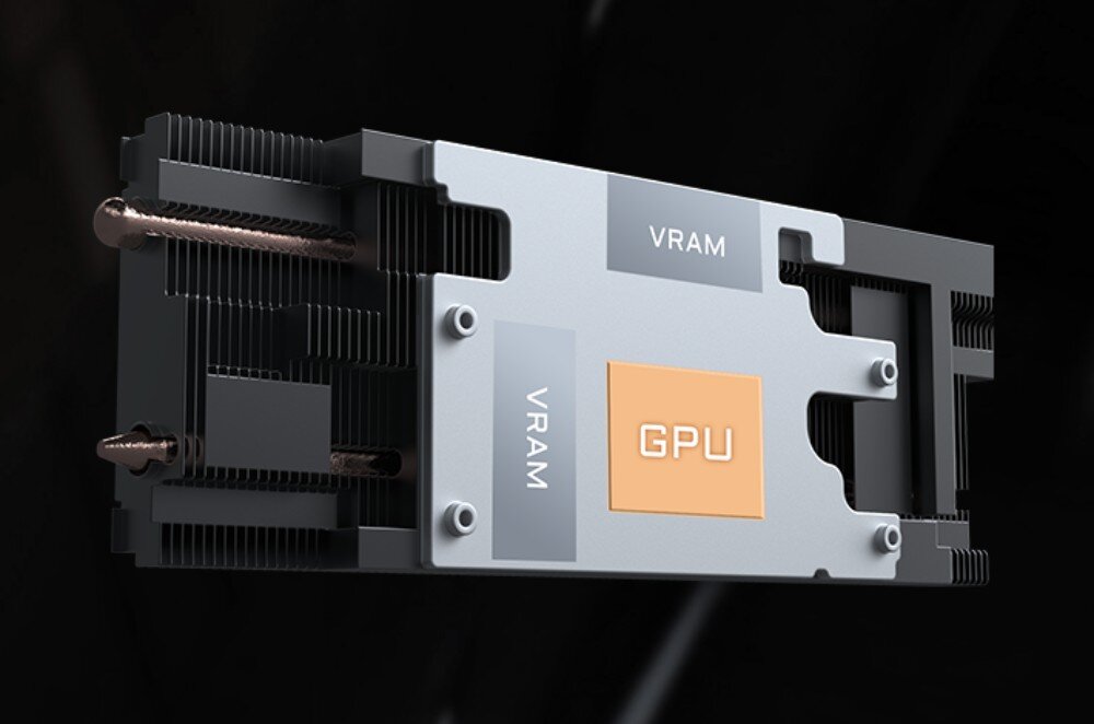 Karta graficzna GIGABYTE GeForce RTX 5050 Low Profile OC 8GB Budowa radiatora z zaznaczonymi polami opisanymi jako GPU oraz VRAM i miedzianymi rurkami cieplnymi