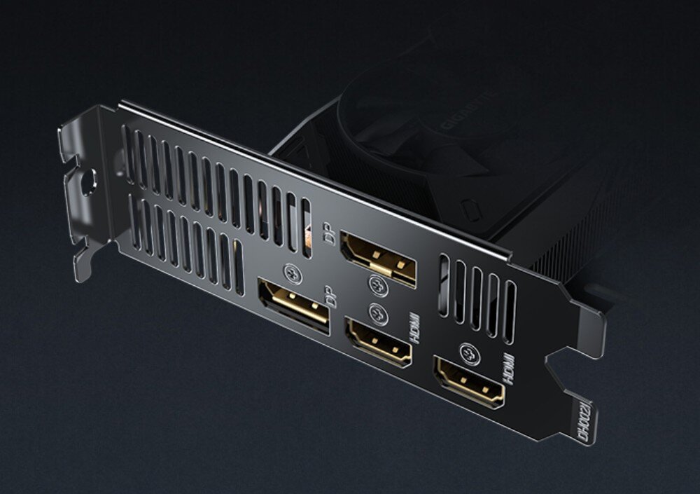 Karta graficzna GIGABYTE GeForce RTX 5050 Low Profile OC 8GB Detal srebrnego śledzia montażowego z widocznymi gniazdami i oznaczeniami portów DP oraz HDMI