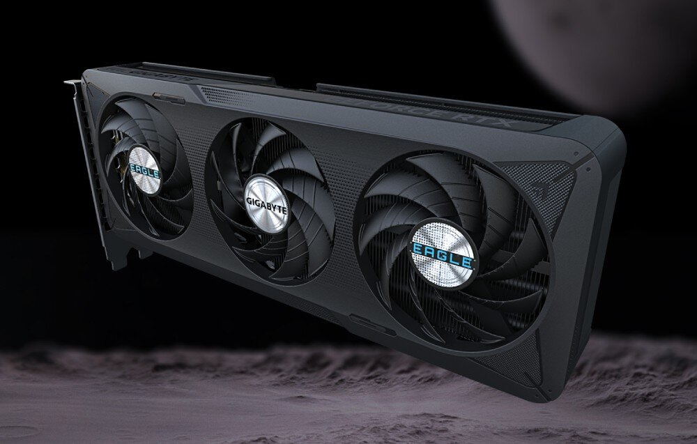 Karta graficzna GIGABYTE GeForce RTX 5060 Eagle Max OC 8GB Karta graficzna lewitująca na tle przestrzeni kosmicznej i powierzchni planety, ukazująca frontowy panel z systemem chłodzenia