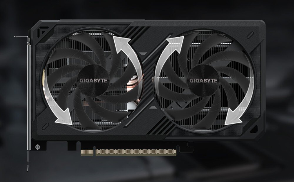 Karta graficzna GIGABYTE GeForce RTX 5060 Ti Windforce Max OC 16GB Schemat działania wentylatorów z białymi strzałkami wskazującymi przeciwne kierunki obrotów sąsiadujących wirników w celu redukcji turbulencji, system chłodzenia, wentylatory, rozwiązania