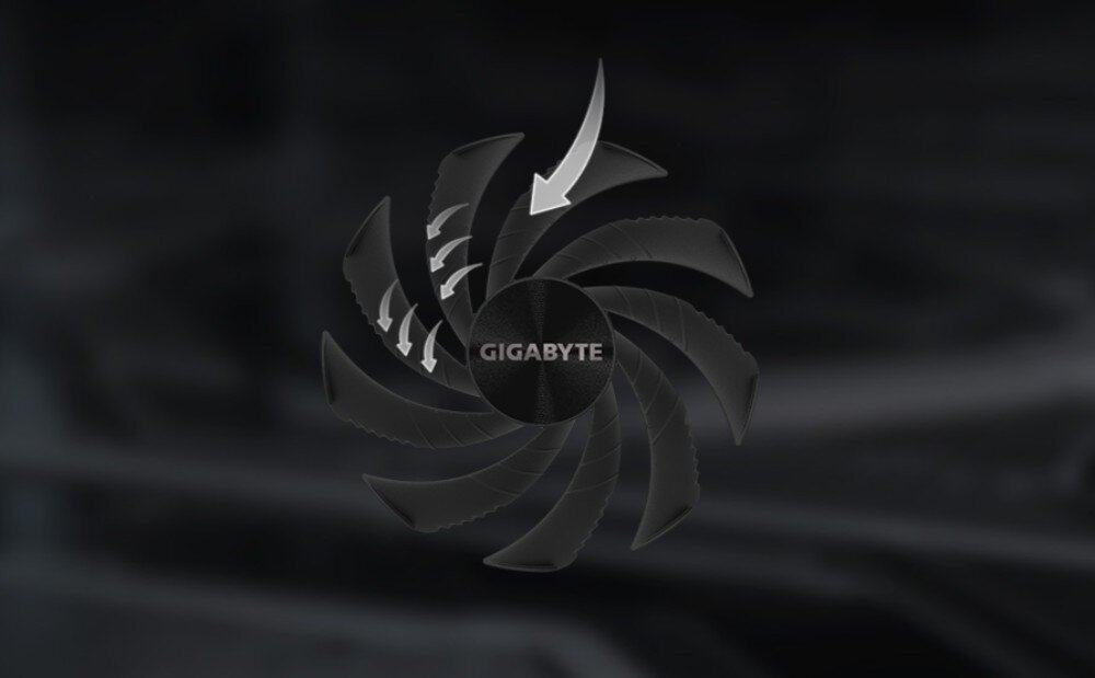 Karta graficzna GIGABYTE GeForce RTX 5060 Ti Windforce Max OC 8GB Zbliżenie na pojedynczy wentylator z unikalnym kształtem łopatek i widocznymi rowkami poprawiającymi przepływ powietrza, wentylator, łopatki