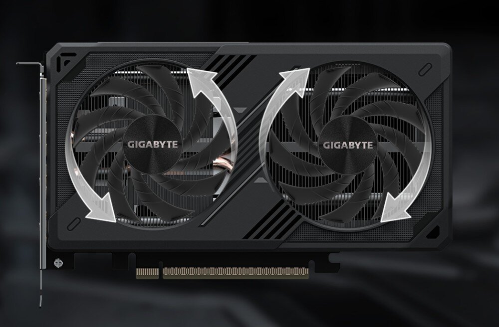 Karta graficzna GIGABYTE GeForce RTX 5060 Windforce Max OC 8GB Schemat działania wentylatorów z białymi strzałkami wskazującymi przeciwne kierunki obrotów sąsiadujących wirników w celu redukcji turbulencji, system chłodzenia, wentylatory, rozwiązania