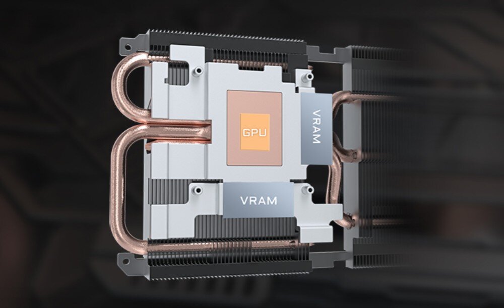 Karta graficzna GIGABYTE GeForce RTX 5060 Windforce Max OC 8GB Wewnętrzny system chłodzenia z widocznymi miedzianymi rurkami cieplnymi, podstawą stykową GPU oraz termopadami na pamięciach VRAM, miedziana płyta bazowa, ciepłowody, radiator