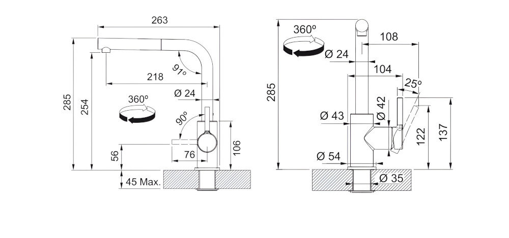BATERIA KUCHENNA FRANKE LINA L PULL-OUT zdjęcie techniczne wymiary Wysokość korpusu wylewki Zasięg kolor kamienny szary wykonanie mosiądz