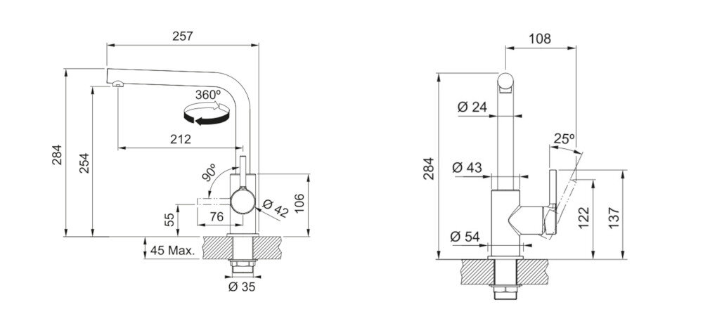BATERIA KUCHENNA FRANKE LINA U PULL-OUT zdjęcie techniczne wymiary Wysokość korpusu wylewki Zasięg kolor chrom wykonanie mosiądz