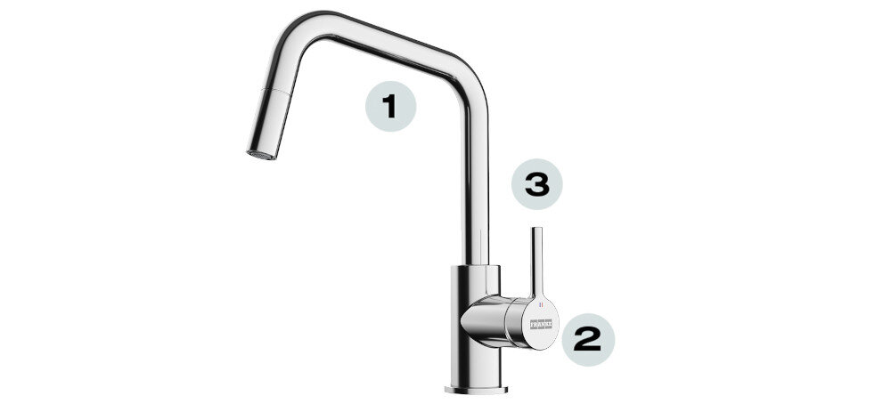 BATERIA KUCHENNA FRANKE LINA U PULL-OUT punkty oznaczenia wysoka wylewka montaż blisko ściany trwała głowica Ceramiczna 