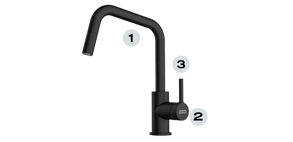 BATERIA KUCHENNA FRANKE LINA U PULL-OUT punkty oznaczenia wysoka wylewka montaż blisko ściany trwała głowica Ceramiczna 