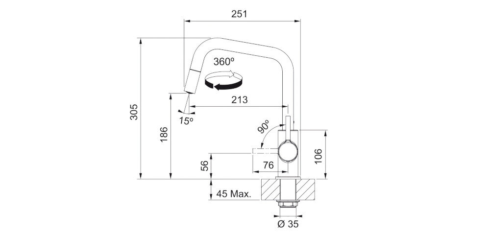 BATERIA KUCHENNA FRANKE LINA U PULL-OUT zdjęcie techniczne wymiary Wysokość korpusu wylewki Zasięg kolor Czarny mat wykonanie mosiądz