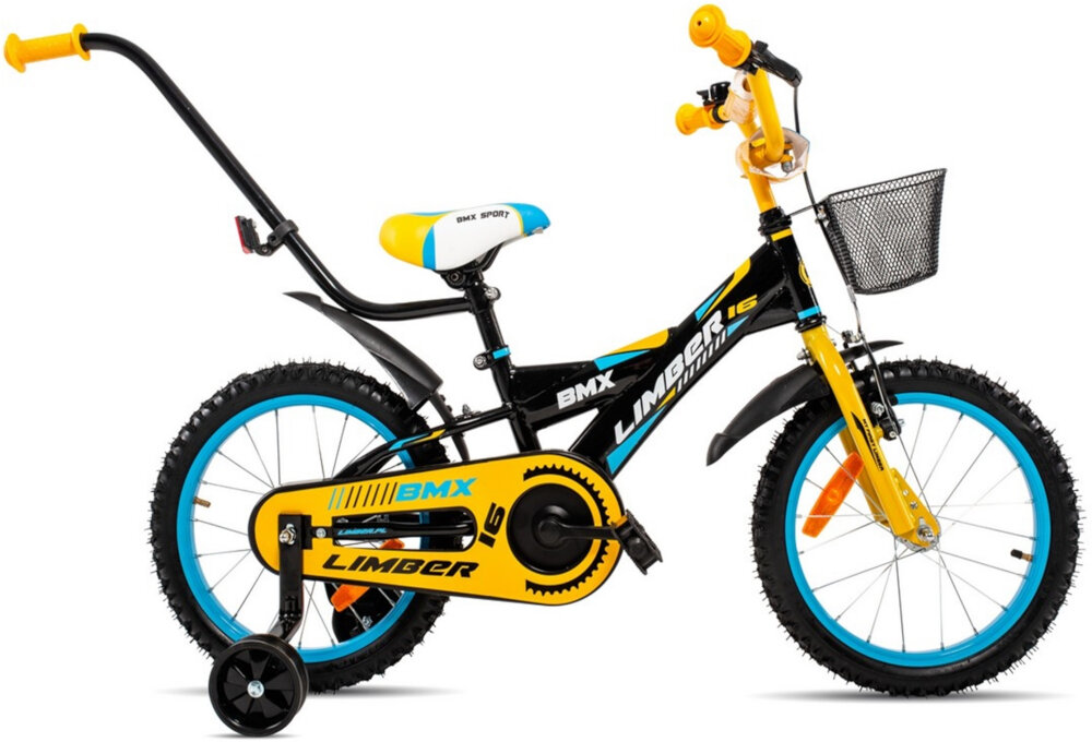 Rower dziecięcy LIMBER 2 BOY 16 Czarno-żółty dopracowany od strony technicznej i wzorniczej dla chłopców liczne elementy poprawiające komfort jazdy osłona łańcucha odblaski błotniki w czarnym kolorze z żółtymi akcentami