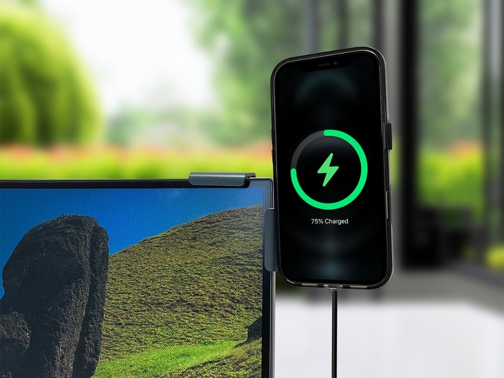 Uchwyt na telefon 4SMARTS Screen Mount Qi2
                uchwyt zamontowany na ekranie w samochodzie wraz z telefonem 15W qi 2.0 magsafe samochód monitor