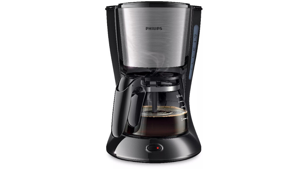 Ekspres do kawy marki PHILIPS z czarną obudową i szklanym dzbankiem. Na górnej części widoczne jest logo PHILIPS.
