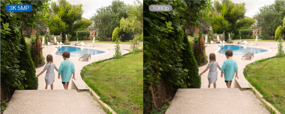 Kamera TP-LINK Tapo C530WS Zewnętrzna, WiFi, LAN, Kamera obrotowa dwa ujęcia tego samego zdjęcia w różnej rozdzielczości dwoje dzieci idzie trzymając się za rękę w tle basen rodzielczość obrazu 3K 5PM 2880 x 1620 px wbudowane reflektory i przetwornik Starlight rejestrowanie pełnokolorowego obrazu obraz wyraźny czytelny automatyczne przełączanie widoku na kolorowy po wykryciu człowieka