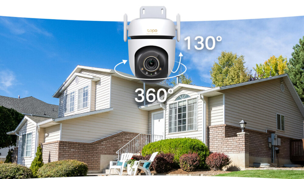 Kamera TP-LINK Tapo C530WS Zewnętrzna, WiFi, LAN, Kamera obrotowa kamera na tle domu z zaznaczeniem zasięgu widzenia pełny zasięg widzenia 360° w poziomie 130° w pionie funkcja śledzenia ruchu eliminuje martwe strefy monitoringu automatycznie wykrywa i śledzi poruszające się obiekty