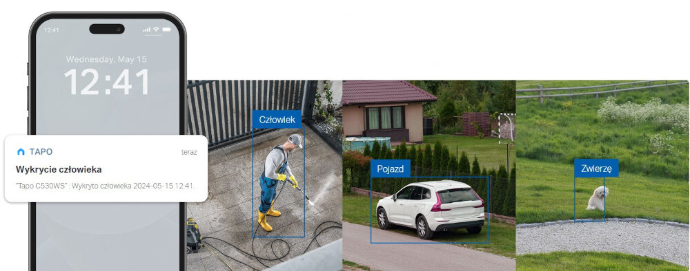 Kamera TP-LINK Tapo C530WS Zewnętrzna, WiFi, LAN, Kamera obrotowa telefon z włączoną aplikacją trzy zdjęcia z zaznaczeniem człowieka samochodu i psa technologia Smart SI rozpoznaje ludzi zwierzęta i pojazdy wykrywa sabotaż kamery i przekroczenie linii bezpieczeństwo kontrola działa w czasie rzeczywistym natychmiastowa reakcja zaawansowane algorytmy sztucznej inteligencji natychmiastowe powiadomienia o wykryciu określonych obiektów
