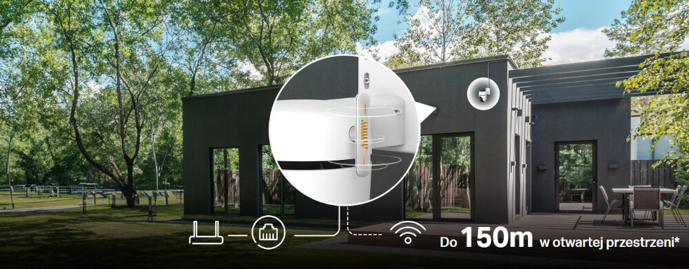 Kamera TP-LINK Tapo C530WS Zewnętrzna, WiFi, LAN, Kamera obrotowa kamera na tle domu z widocznym systemem podłączenia dwie wydajne zewnętrzne anteny stabilne i mocne połączenie bezprzewodowe na dystansie do 150 metrów w otwartej przestrzeni możliwość podłączenia za pomocą kabla Ethernet nie przerwana transmisja danych stabilny przesył obrazu w wysokiej jakości elastyczność instalacji