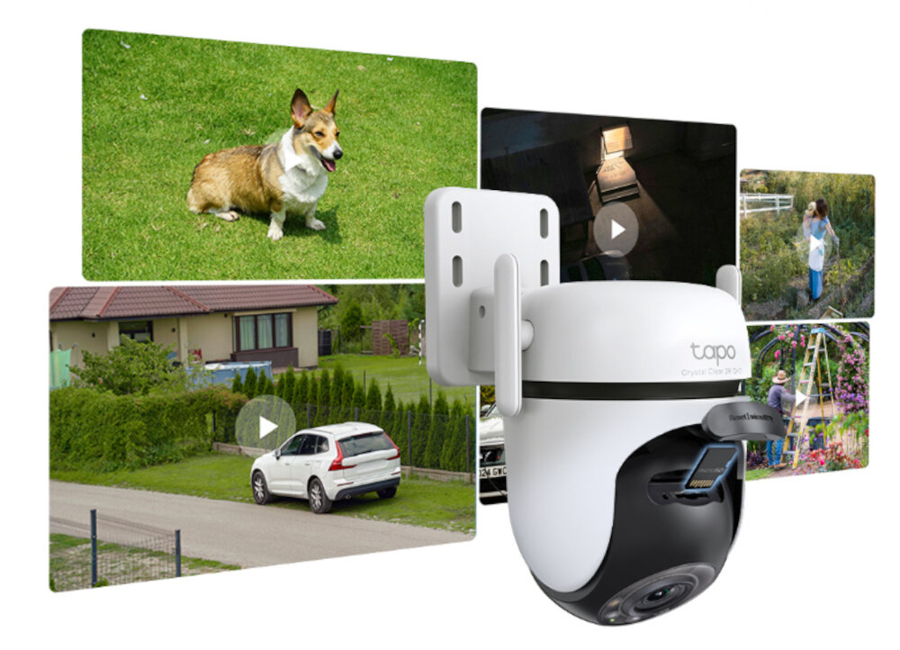 Kamera TP-LINK Tapo C530WS Zewnętrzna, WiFi, LAN, Kamera obrotowa kamera na tle kolażu zdjęć pies samochów ludzie zapisywanie obrazów na karcie microSD o pojemności do 512 GB lub w chmurze dzięki usłudze Tapo Care wygodne użytkowanie