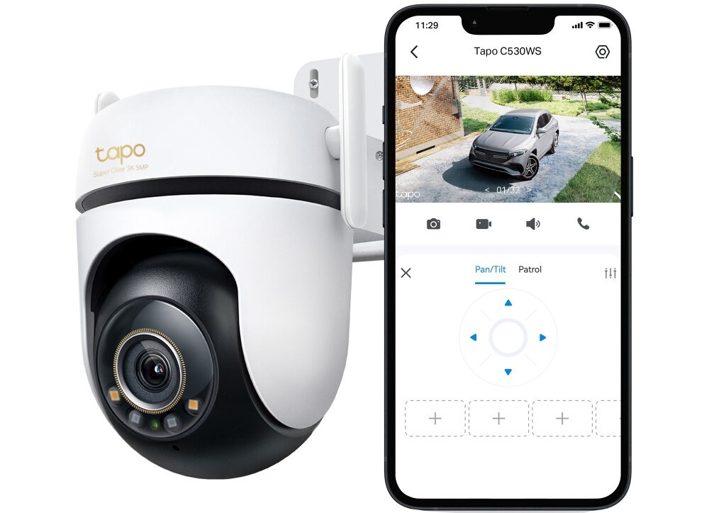 Kamera TP-LINK Tapo C530WS Zewnętrzna, WiFi, LAN, Kamera obrotowa kamera na białym tle z telefonem aplikacja monilna Tapo harmonogramy zapisu kamera automatycznie nagra obraz możliwość odtworzenia widoku jednocześnie z czterech różnych kamer na jednym ekranie kompletny zestaw monitorujący aplikacja obsługuje do 32 kamer