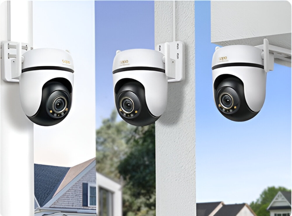 Kamera TP-LINK Tapo C530WS Zewnętrzna, WiFi, LAN, Kamera obrotowa kamera na tle nieba umieszczona na ścianie suficie i słupie trzy ujęcia montaż w dogodnym miejscu w zestawie śruby szablon opaski montaż na ścianie suficie lub słupie odpowiedni kąt widzenia pełna kontrola nad monitoringiem chowa obiektyw w obudowie ochrona przed uszkodzeniem