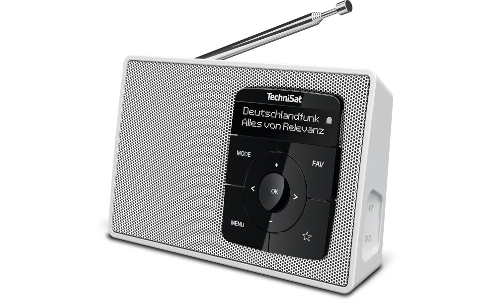 Radio TECHNISAT Digitradio 2 cyfrowe kompaktowe DAB+ FM przenośne, radio po skosie na białym tle