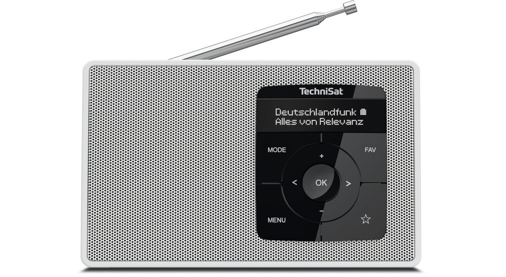 Radio TECHNISAT Digitradio 2 dźwięk mono aluminiowa kratka OLED, radio od frontu na białym tle