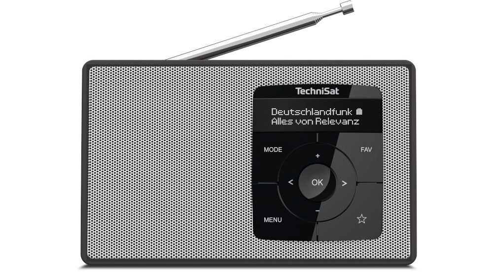 Radio TECHNISAT Digitradio 2 dźwięk mono aluminiowa kratka OLED, radio od frontu na białym tle