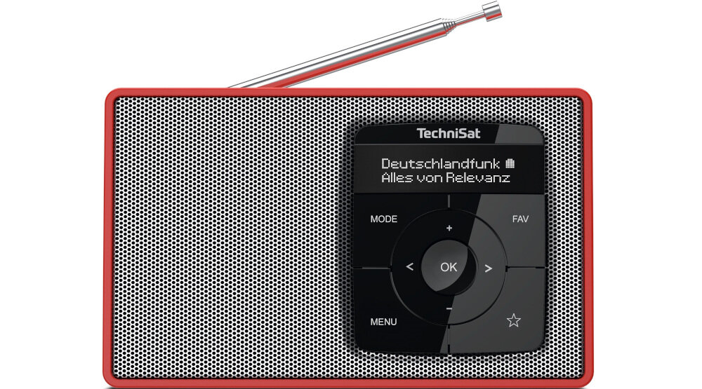 Radio TECHNISAT Digitradio 2 dźwięk mono aluminiowa kratka OLED, radio od frontu na białym tle