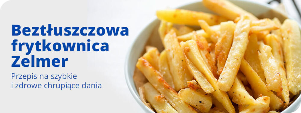 Air Fryer Frytkownica beztłuszczowa ZELMER ZAF8650 jasne tło chrupiące frytki w misce o mocy 2000 W zdrowe szybkie przygotowanie chrupiących potraw 10 automatycznych programów podświetlane wnętrze precyzyjna regulacja temperatury w zakresie 80-200°C równomierne nagrzewanie optymalne efekty kulinarne kompaktowe wymiary (40 x 32,5 x 38 cm) elegancki design intuicyjna obsługa