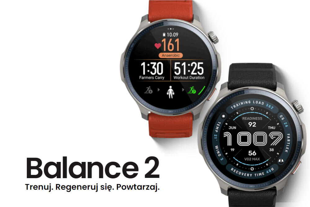 Smartwatch AMAZFIT Balance 2 Czarny Grafika przedstawiająca dwa smartwatche, prawdopodobnie ten sam model, z różnymi opaskami i tarczami wyświetlającymi dane fitness. Górny zegarek ma pomarańczową opaskę i wyświetla dane treningowe (tętno 161, 1:30 czasu ćwiczenia). Dolny zegarek ma czarną opaskę i wyświetla dane dotyczące gotowości (Readiness 92) oraz VO2 Max (56). W lewym dolnym rogu znajduje się duży czarny tekst Balance 2 oraz hasło Trenuj. Regeneruj się. Powtarzaj.