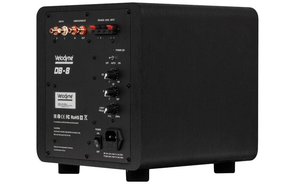 Subwoofer VELODYNE Deep Blue 12 integracja system audio regulacja poziomu fazy złącza wejścia wyjścia, subwoofer od tyłu na białym tle