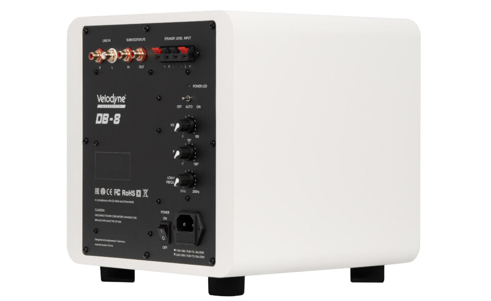 Subwoofer VELODYNE Deep Blue 8 integracja system audio regulacja poziomu fazy złącza wejścia wyjścia, subwoofer od tyłu na białym tle