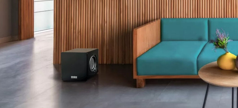 Subwoofer VELODYNE MiniVee X 8 wejścia XLR RCA profesjonalny sygnał audio, subwoofer stojący na podłodze obok kanapy
