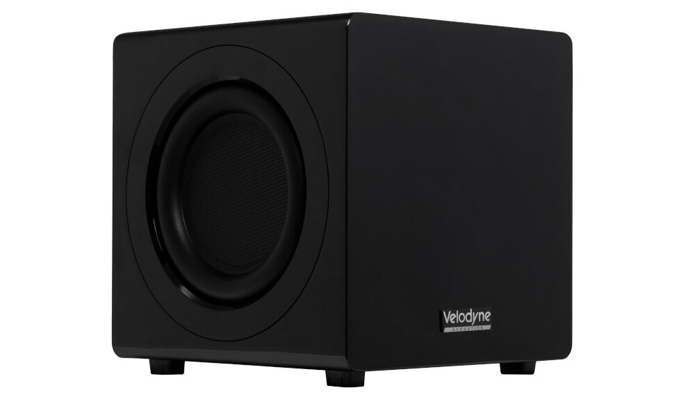 Subwoofer VELODYNE MiniVee X 8 obudowa MDF wzmocnienia rezonanse, subwoofer od frontu po skosie tle