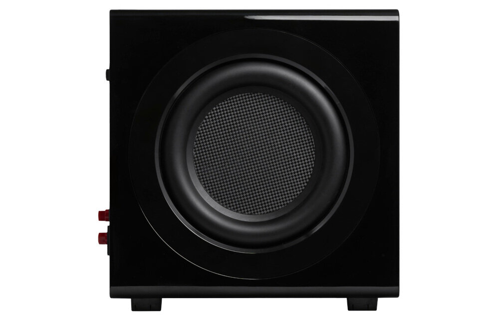 Subwoofer VELODYNE MiniVee X 8 głośnik 6,5 membrana PP filtr dolnoprzepustowy pasmo przenoszenia, subwoofer od frontu na białym tle