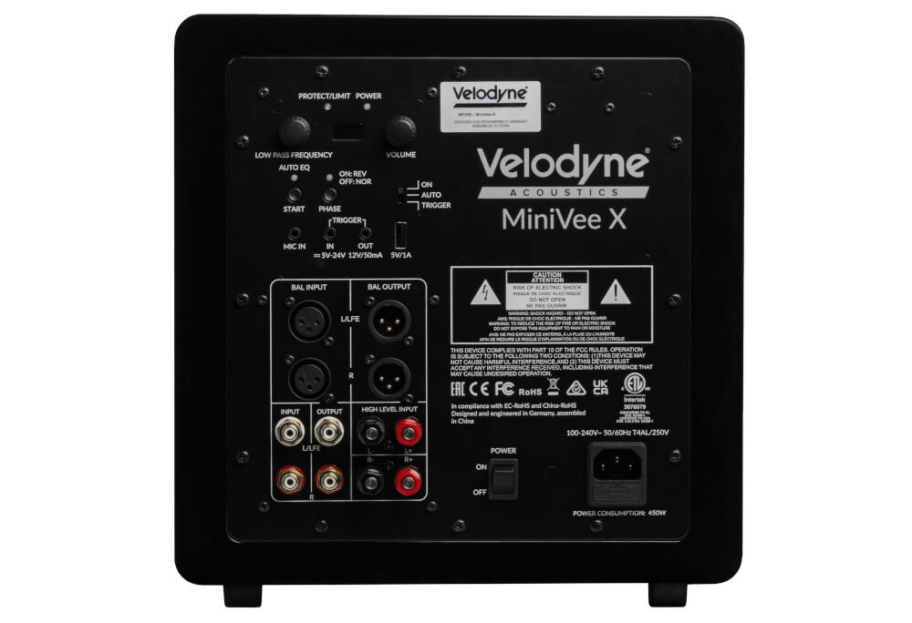 Subwoofer VELODYNE MiniVee X 8 wyjścia XLR RCA wyzwalacz 12V system audio, subwoofer od tyłu na białym tle